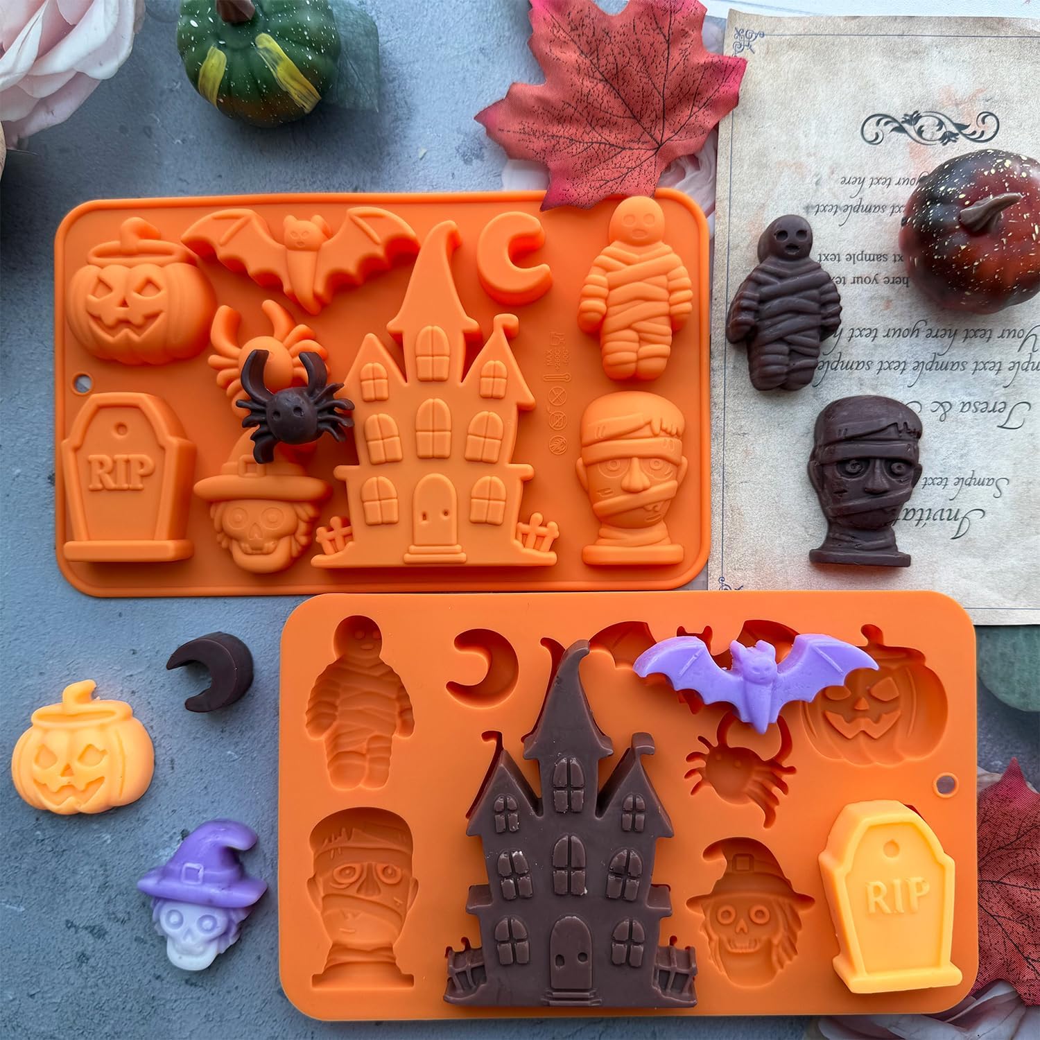 2 Pack Halloween Chocolate Candy Silicone Mold Halloween Molds Castle Pumpkin Tombstone Skull Witch Hat Gummy Jello Baking Mold for DIY Ice Cube Sugar Halloween Party Cupcake Topper Cake Decorating