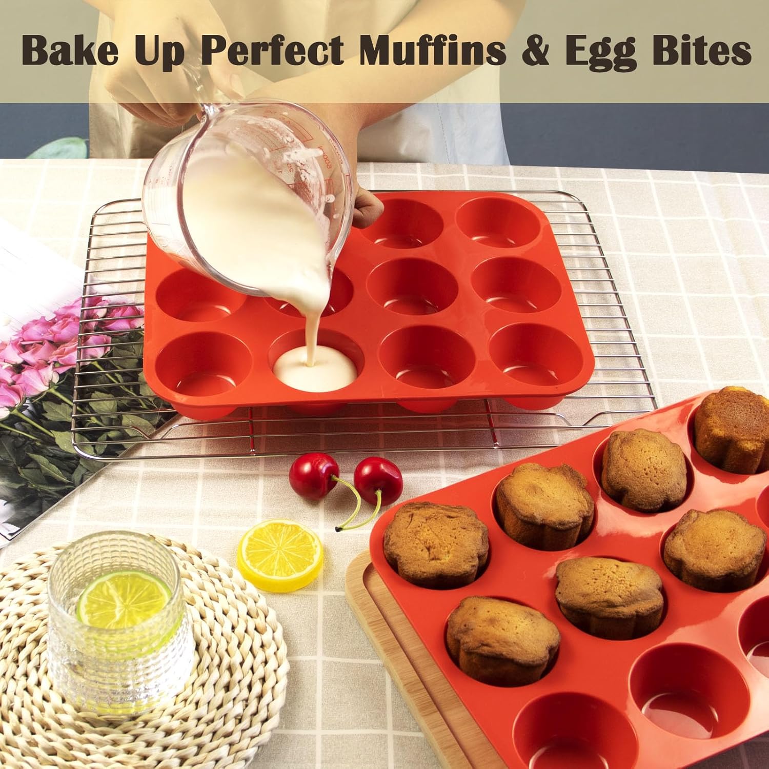 12 Cups Silicone Mini Muffin Pan Set, Nonstick Mini Cupcake Pans, BPA Free Small Muffin Tin for Baking, Set of 2 (Red+Red)