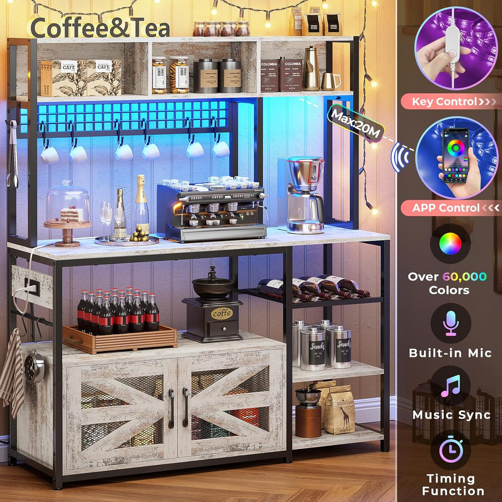 Itaar 47.2 Inch Bakers Rack with Power Outlet, Microwave Stand with Storage, Farmhouse Coffee Bar Cabinet Station with Wine Rack, Iron Grid and 8-S Hooks, Vintage White