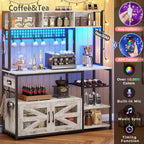 Itaar 47.2 Inch Bakers Rack with Power Outlet, Microwave Stand with Storage, Farmhouse Coffee Bar Cabinet Station with Wine Rack, Iron Grid and 8-S Hooks, Vintage White