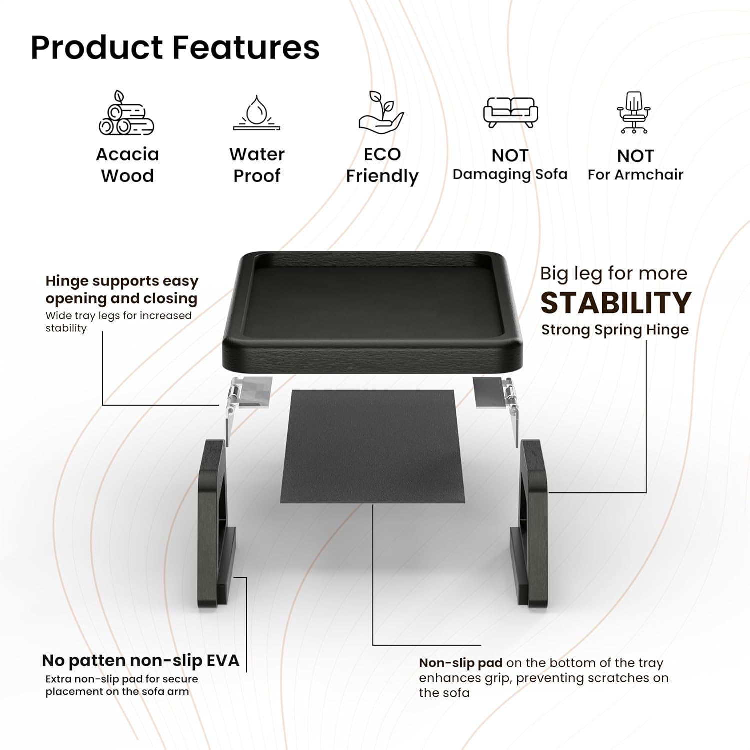 Tinamo Acacia Sofa Arm Tray, Rectangle Couch Armrest Table - Couch Accessories, Armchair Caddy, Clip on Tray for Home Sofa Living Room, Sofa Arm Table (Black, 13.75" D x 9.5" W x 1" H)