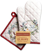 Maison d' Hermine 100% Cotton Oven Mitt & Pot Holder Set (7.5"x13" & 8"x8") Heat Resistant BBQ Cooking Gloves with Loop, Baking, Grilling, Kitchen, Handling Hot Pans (Holly Time)