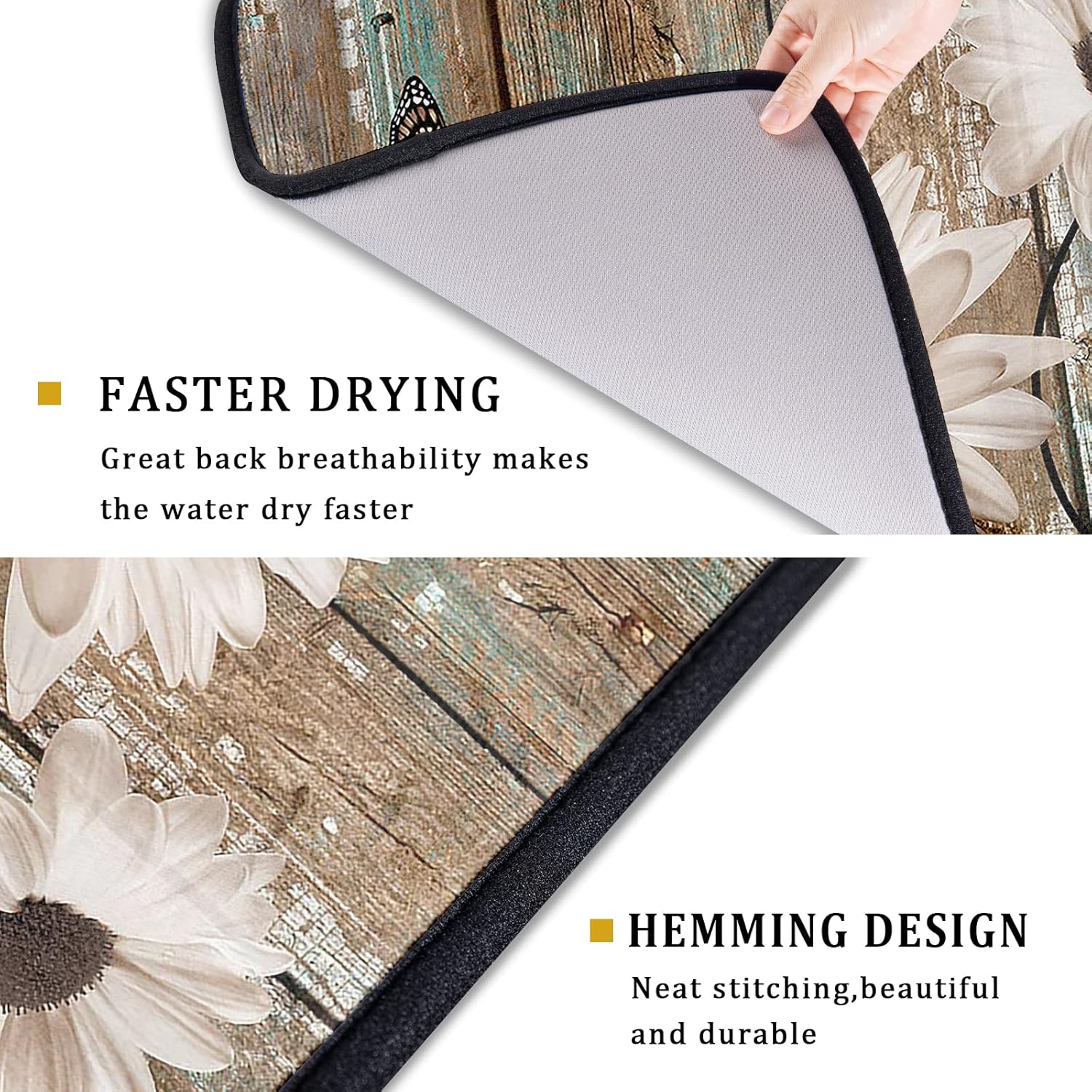 Rustic Daisy Board Dish Drying Mat for Kitchen Countertop 18x24 inch Fall Sunflower on Wooden Plank Dish Drainer Mats Fast Drying Country Shabby Chic Flower Dish Pad Vintage Kitchen Drying Decor Large