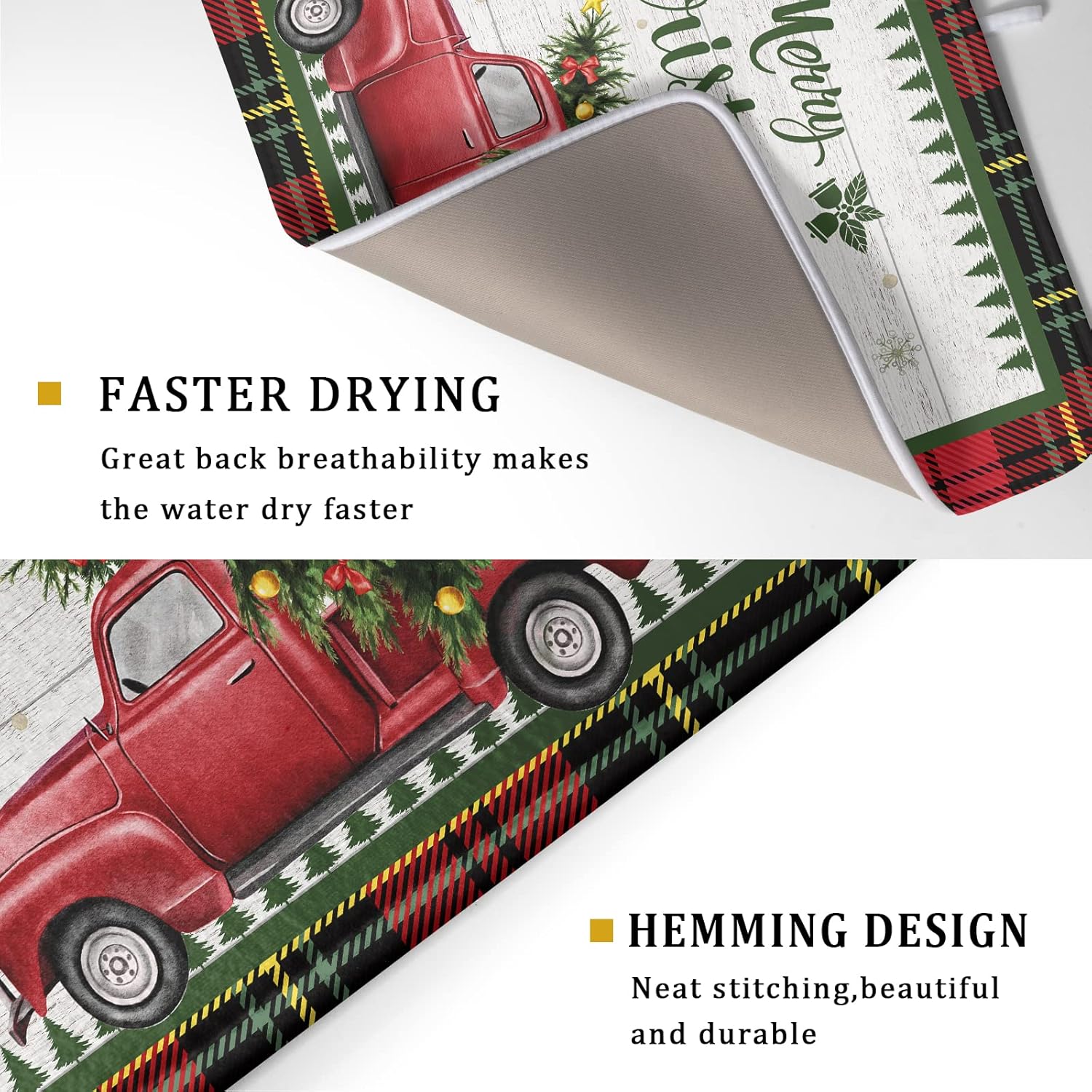 Christmas Dish Drying Mat 18x24 Inch for Kitchen Counter Decor Absorbent Reversible Microfiber Red Truck Buffalo Check Plaid Dishes Pad Dish Drainer Rack Mats Absorbent Fast Dry Kitchen Accessories