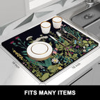 Rnivvi Dish Drying Mat for Kitchen Counter, 16 x 18" Cute Flower Theme Absorbent Heat Resistant Drying Pad with Non-slip Rubber, Coffee Bar Mats for Dish Rack Kitchen Decor Accessories, Black