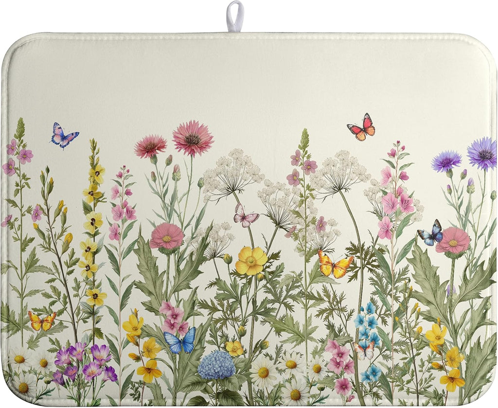 Spring Dish Drying Mat Summer Floral Flowers Kitchen Dish Drying Pad Absorbent Dish Dryer Mat for Kitchen Countertops Microfiber Dishes Drainer Pad Dish Drying Rack Mat (18x24 in)