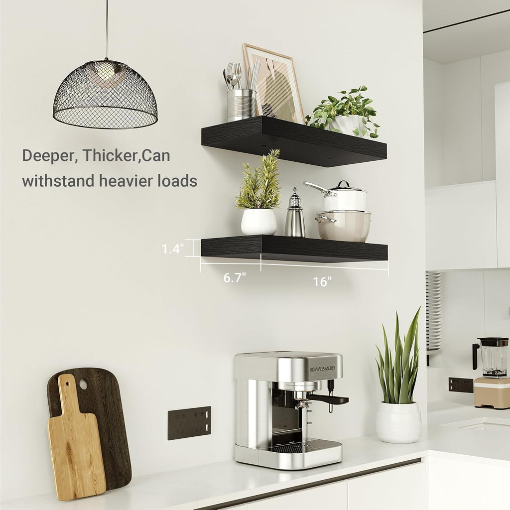 Vivelove Black Floating Shelves for Wall, 16 inchs x 6.7” deep x 1.4” Wall Shelf for Bathroom Bedroom, Living Room, Kitchen, Office Home Decor, Narrow Wood Shelves with Invisible Brackets Set of 2