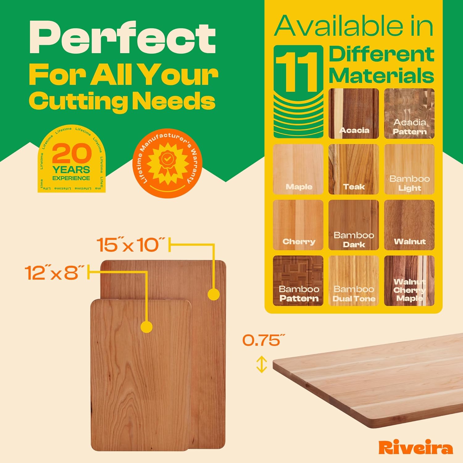 Riveira Cherry Wood Cutting Board – Versatile And Durable: Set Of 2 Pcs Rectangular Wooden Cutting Board – Natural Wooden Cutting Boards For Kitchen – Complete Cherry Wooden Chopping Board