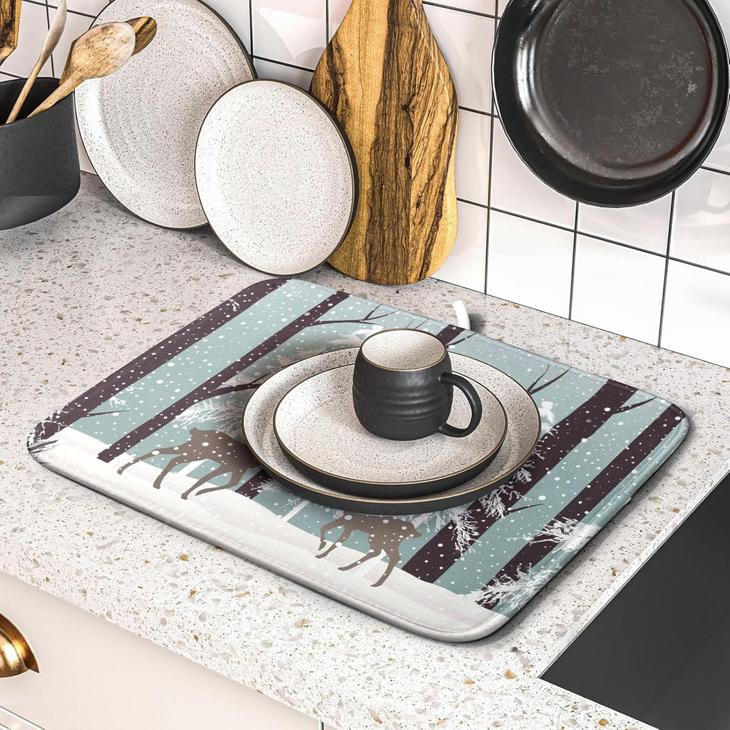 Winter Wildlife Deer Dish Drying Mat for Kitchen Counter,Xmas Landscape Snow Tree Ivory Drying Mat 16 x 18 Inch with High Absorbent Microfiber Drainer Mat for Coffee Bar