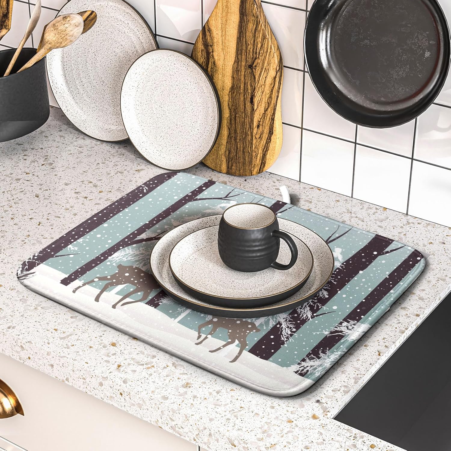 Winter Wildlife Deer Dish Drying Mat for Kitchen Counter,Xmas Landscape Snow Tree Ivory Drying Mat 16 x 18 Inch with High Absorbent Microfiber Drainer Mat for Coffee Bar