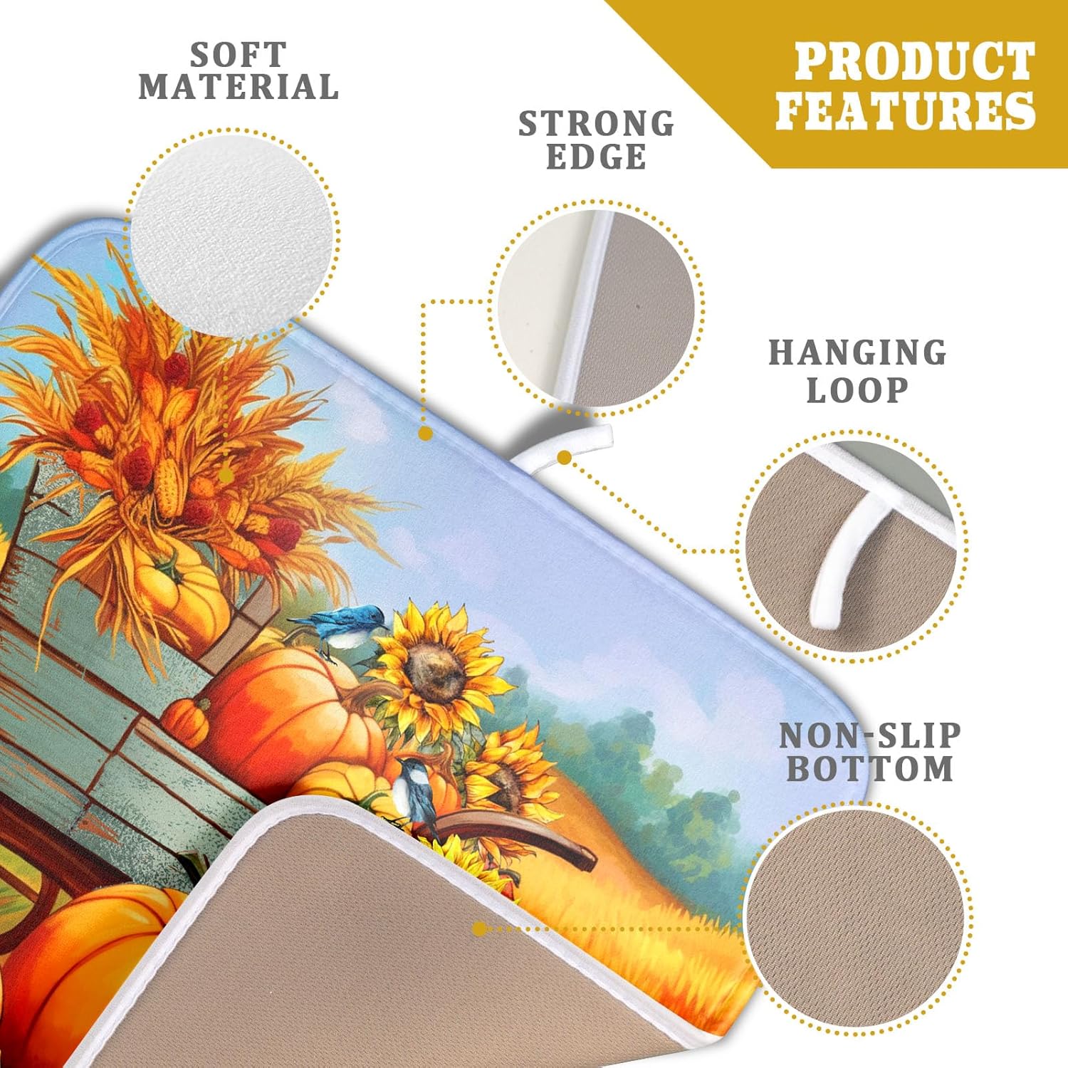 Thanksgiving Autumn Harvest Pumpkin Dish Drying Mat for Kitchen Counter,Sunflowers and Cart Drying Mat 16 x 18 Inch Microfiber Dish Drying Pad Ear of Rice Dish Rack Drainer Mat for Coffee Bar