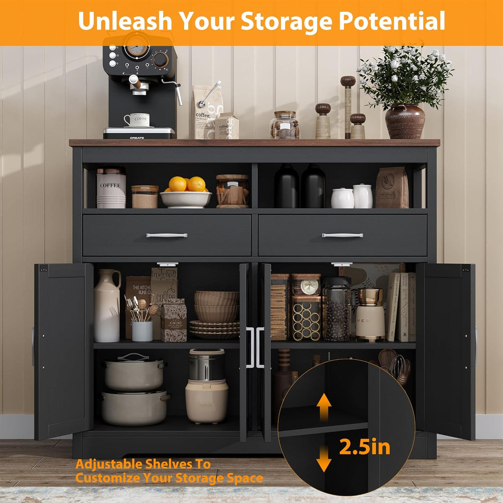 Buffet Sideboard with Storage Farmhouse with 4 Doors, 47'' Large Kitchen Storage Cabinet Wood Coffee Bar Cabinet Buffet Table with Shelves for Kitchen, Dining Room, Entryway