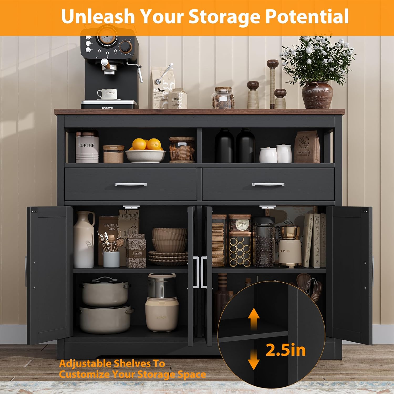 Buffet Sideboard with Storage Farmhouse with 4 Doors, 47'' Large Kitchen Storage Cabinet Wood Coffee Bar Cabinet Buffet Table with Shelves for Kitchen, Dining Room, Entryway