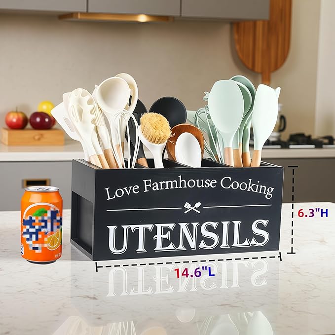 Kitchen Utensil Holder,Farmhouse Wooden Utensil Holder For Kitchen Counter,Extra Large Cooking Spatula Organizer,Big Storage With 4 Compartments Flatware Spoon Tool Cutlery（Black）