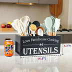 Kitchen Utensil Holder,Farmhouse Wooden Utensil Holder For Kitchen Counter,Extra Large Cooking Spatula Organizer,Big Storage With 4 Compartments Flatware Spoon Tool Cutlery（Black）