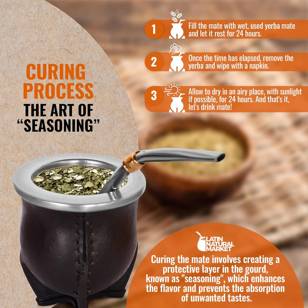 Authentic Artisan Yerba Mate Gift Set – Handmade 5.5" Natural Calabash Gourd with Leather Cover + Stainless Steel Bombilla – Traditional Argentine Kit (Gift Ready)