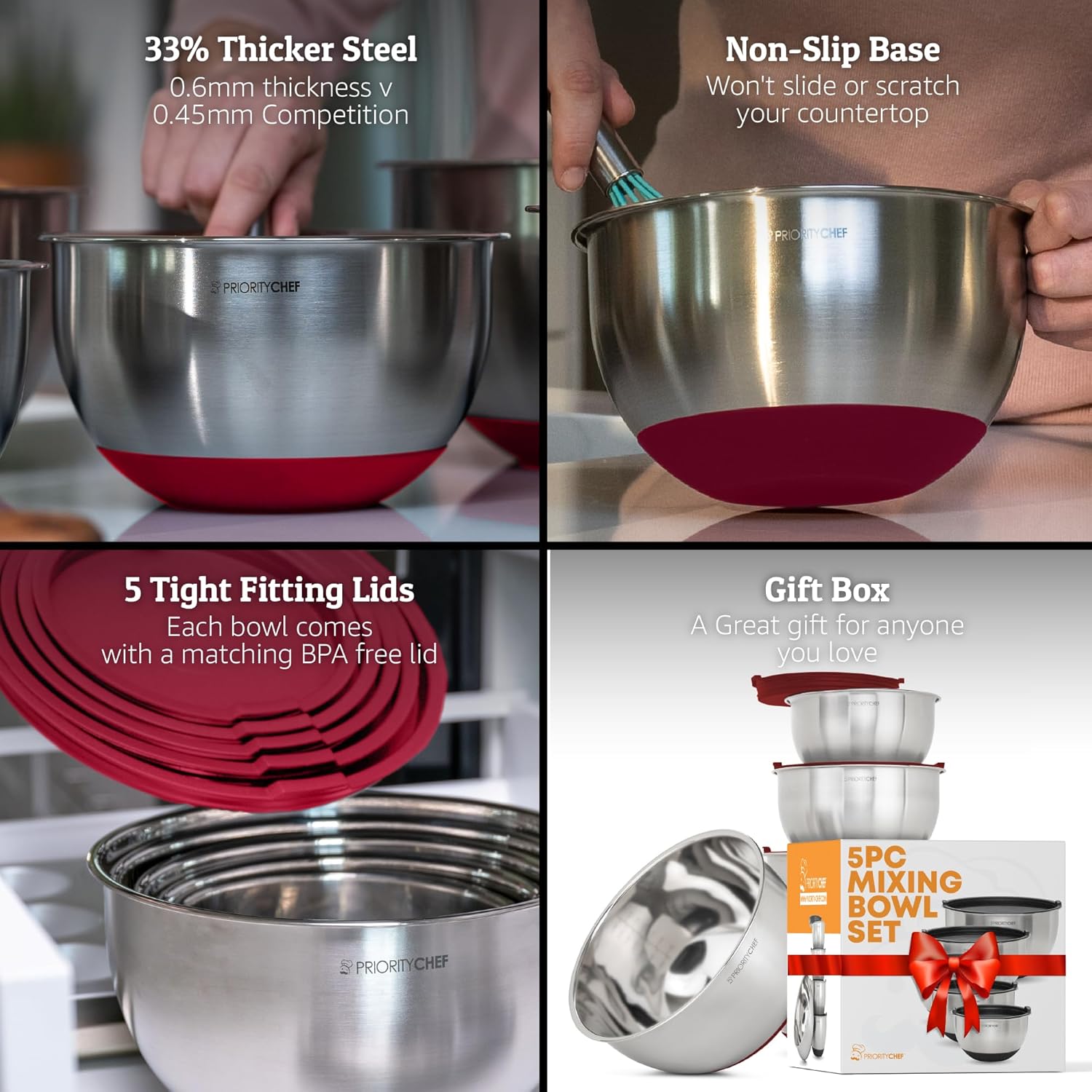 Priority Chef Premium Mixing Bowls With Airtight Lids Set, Thicker Stainless Steel Mixing Bowl Set, Large Prep Metal Bowls with Lids, Nesting Bowls for Kitchen, 1.5/2/3/4/5 Qrt, Red