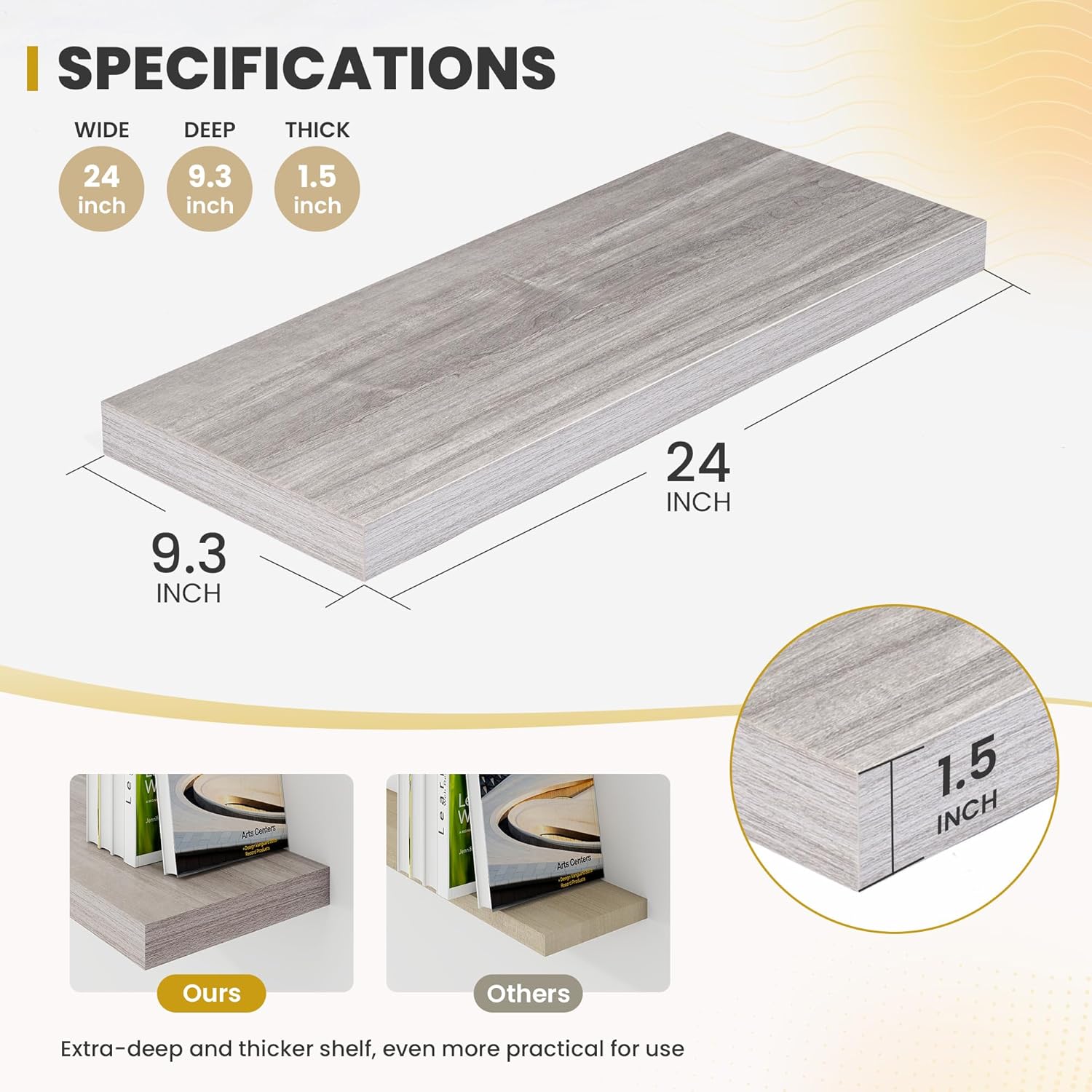 24 Inch Floating Shelves, 9.3" Deep Floating Shelf Wall Mounted, 24" Wall Shelves, Rustic Deep Bookshelf, Large Display Shelves & Storage Shelves for Bedroom, Living Room, Gray, Set of 2