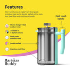 French Press Coffee Maker - Insulated, Stainless Steel Manual Coffee Makers For Home, Office Or Camping - Large 34oz Capacity For 4 Cups