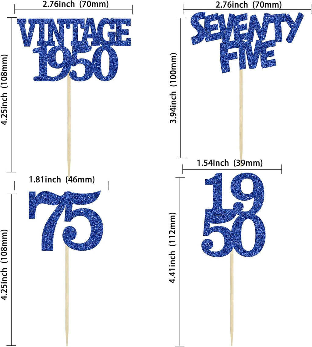 Gyufise 24Pcs Vintage 1950 Cupcake Toppers Glitter Cheers to 75 Fabulous Seventy Five Cupcake Picks 75th Birthday Wedding Anniversary Party Cake Decorations Supplies Deep Blue