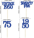 Gyufise 24Pcs Vintage 1950 Cupcake Toppers Glitter Cheers to 75 Fabulous Seventy Five Cupcake Picks 75th Birthday Wedding Anniversary Party Cake Decorations Supplies Deep Blue