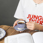 Selamica Ceramic Espresso Cups with Saucers, 2.5 OZ Stackable Demitasse Cups with Metal Stand, Mini Espresso Mugs for Latte Coffee Café Mocha Tea, Set of 6, Vintage Blue