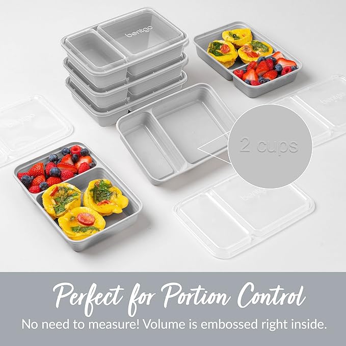 Bentgo Prep - 20-Piece 2-Compartment Reusable Meal Prep Containers with Lids, PFAS & BPA Free Materials, Durable, Microwave, Freezer, & Dishwasher Safe To Go Food Storage (Silver)