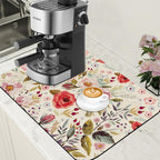 Vintage Flowers Coffee Mat Rose Berries Dish Drying Mat for Kitchen Counter Absorbent Drying Rack Pad Hide Stain Rubber Backed Coffee Bar Accessories Fit Under Espresso Machine, 15.7 x 23.6 Inch