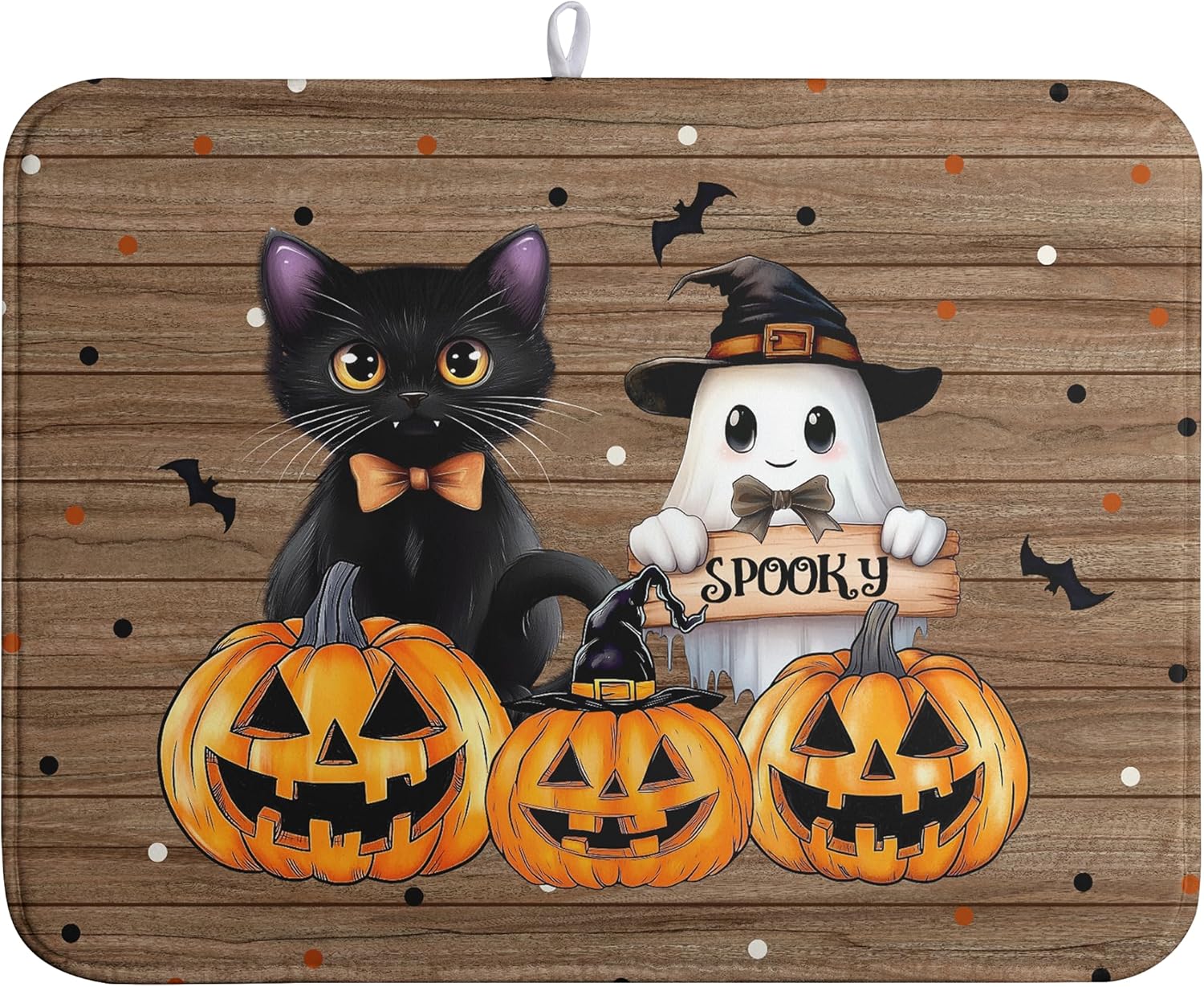 Halloween Spooky Pumpkin Dish Drying Mats Ghost Dish Mat Kitchen Cat Large Drying Matt Dishes Dryer Pad for Kitchen Counter Absorbent Microfiber Washable Foldable Reusable 18x24 in