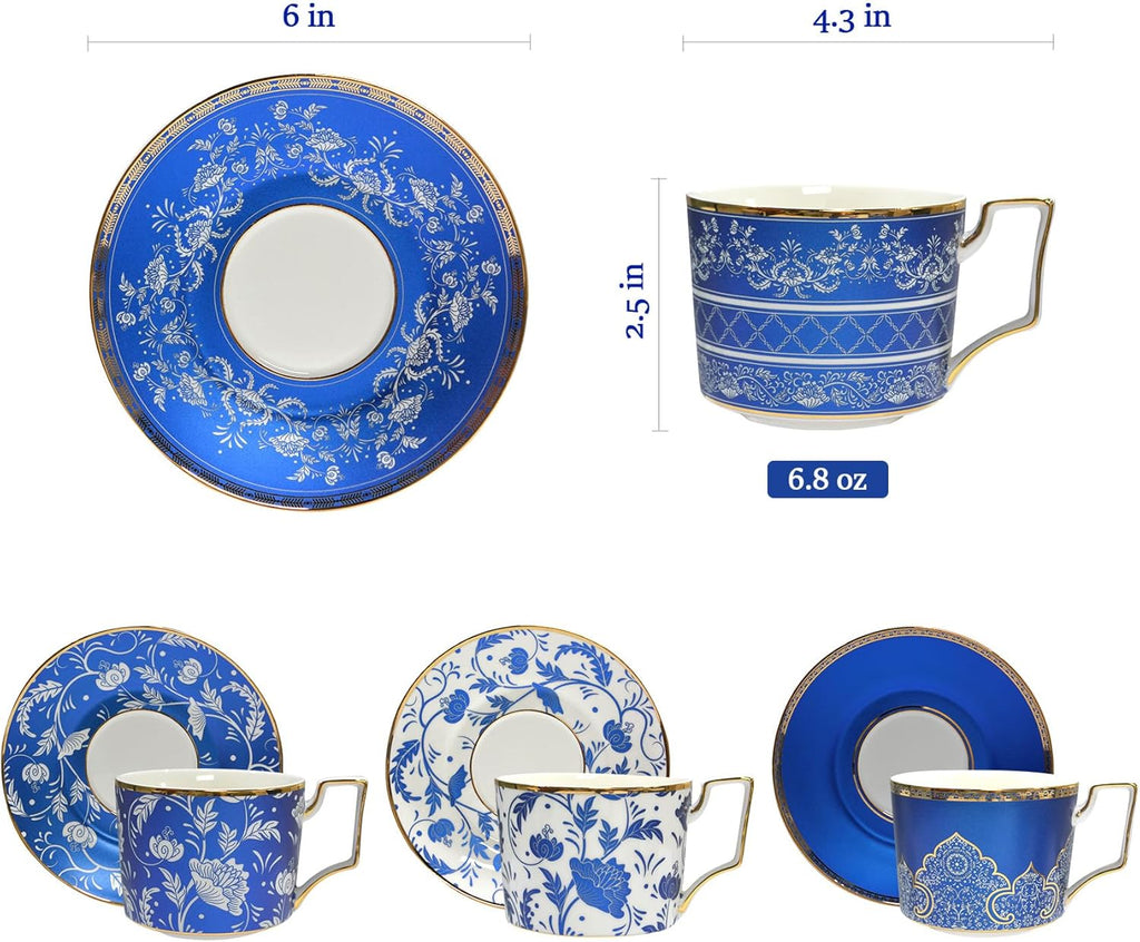 ACMLIFE Bone China Tea Cups and Saucers Set of 4, 6.8 oz Blue and White Tea Cups Set of 4, with Gold Trim and Gift Box (Blue-4)