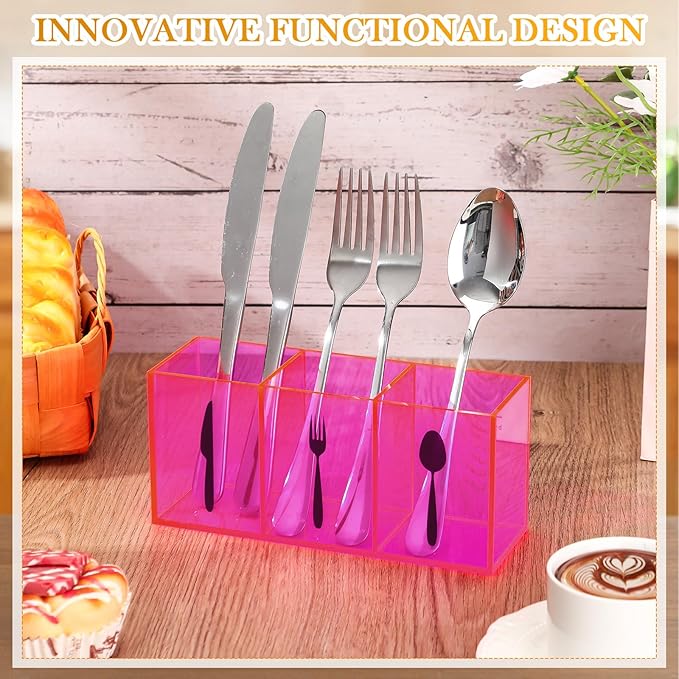 Suzile Acrylic Cutlery Storage Organizer Bin Silverware Caddy Countertop Knife Spoon and Fork Holder Kitchen 3 Section Tableware Storage Box for Cabinet Indoor Home Flatware Dining Room(Pink,M)