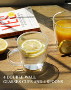 LIBWYS 12oz Double Wall Glass Coffee Mugs, Cappuccino Latte Tea Cups with Handle, Heat Resistant Borosilicate Insulated Clear Glasses (Set of 4)