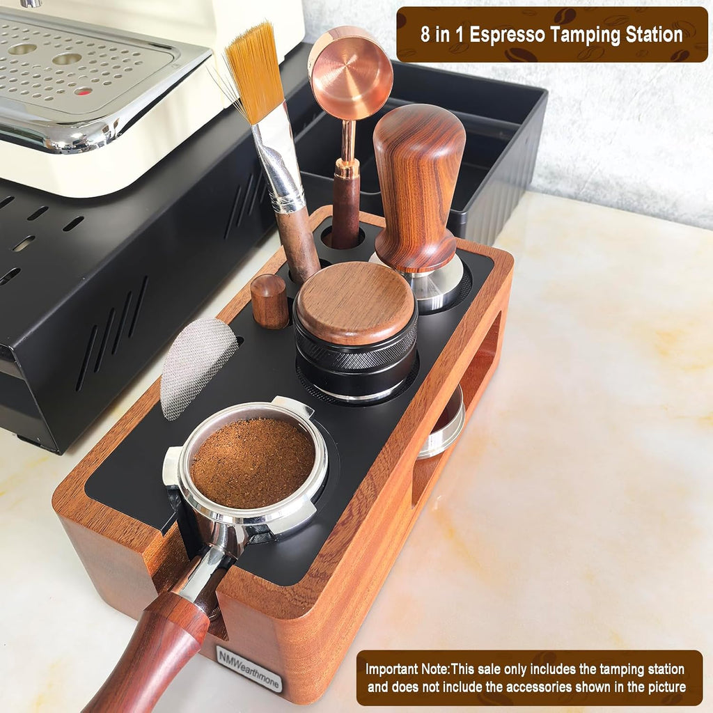 NMWearthmone Espresso Tamping Station,Solid Wood Espresso Accessories Organizer,Multi-Functional Coffee Accessories Tamper Station,Espresso Station Fit For Standard Portafilter (Upgraded Red, 51-58mm)