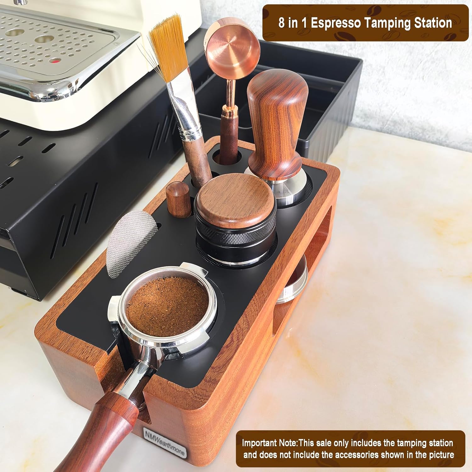 NMWearthmone Espresso Tamping Station,Solid Wood Espresso Accessories Organizer,Multi-Functional Coffee Accessories Tamper Station,Espresso Station Fit For Standard Portafilter (Upgraded Red, 51-58mm)