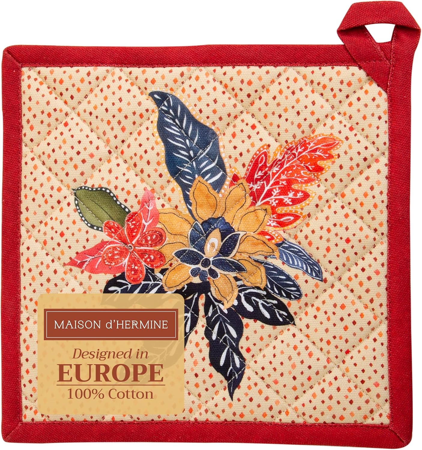 Maison d' Hermine Pot Holders 100% Cotton Heat Resistant Potholders 8" x 8" Hot Pads with Loop BBQ, Cooking, Baking, Grilling, Kitchen, Handling Hot Pans (Pack of 1, Kalahari)