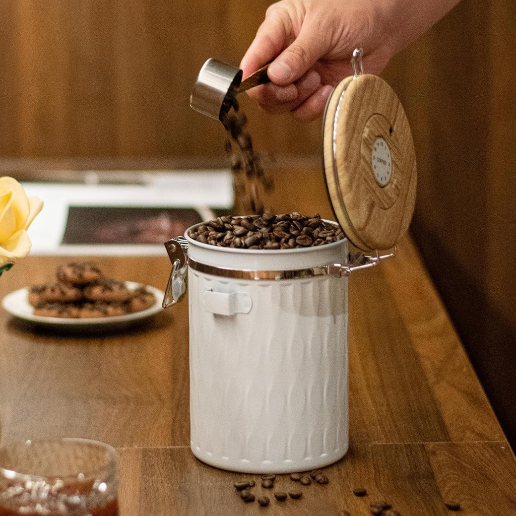 TEDSWAIT Coffee Container with Sealed Cantilever Lid and Scoop, Airtight Stainless Steel Kitchen Food Storage Canister with Date Tracker, 1.8L(White)