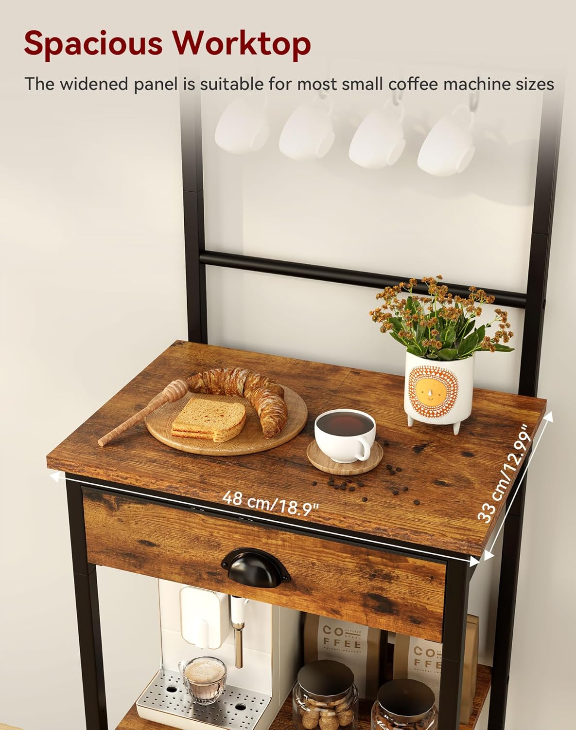 YMYNY 5 Tier Coffee Bar Station, Coffee Stand with Fabric Drawers, 8 S-Shaped Hooks, Corner Bar Cabinet, Height Adjustable, Bakers Rack for Kitchen, Living Room, Rustic Brown HBR009H