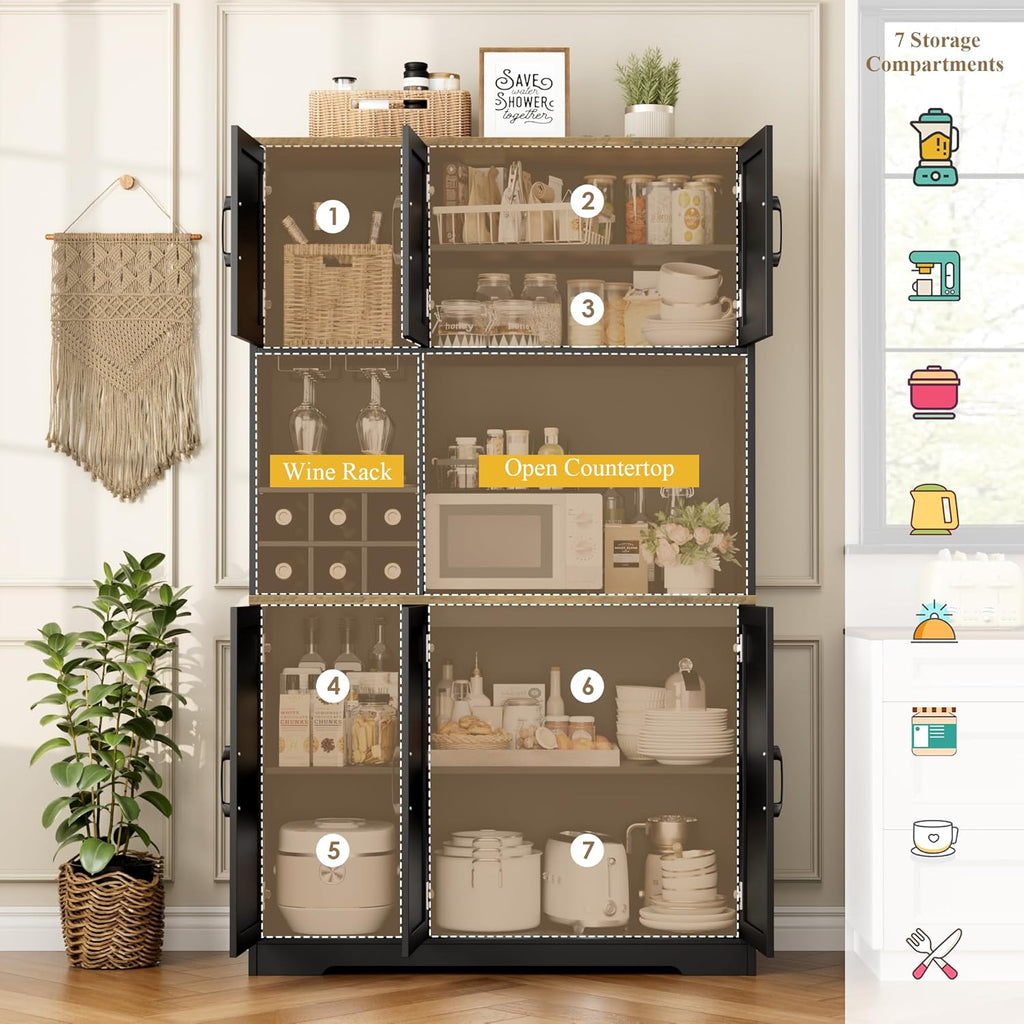 HOSTACK Kitchen Pantry Storage Cabinet, 71" Tall Food Pantry Cabinet with Microwave Stand, Farmhouse Kitchen Hutch, Coffee Bar Hutch with Wine Rack for Dining Room, Living Room, Black