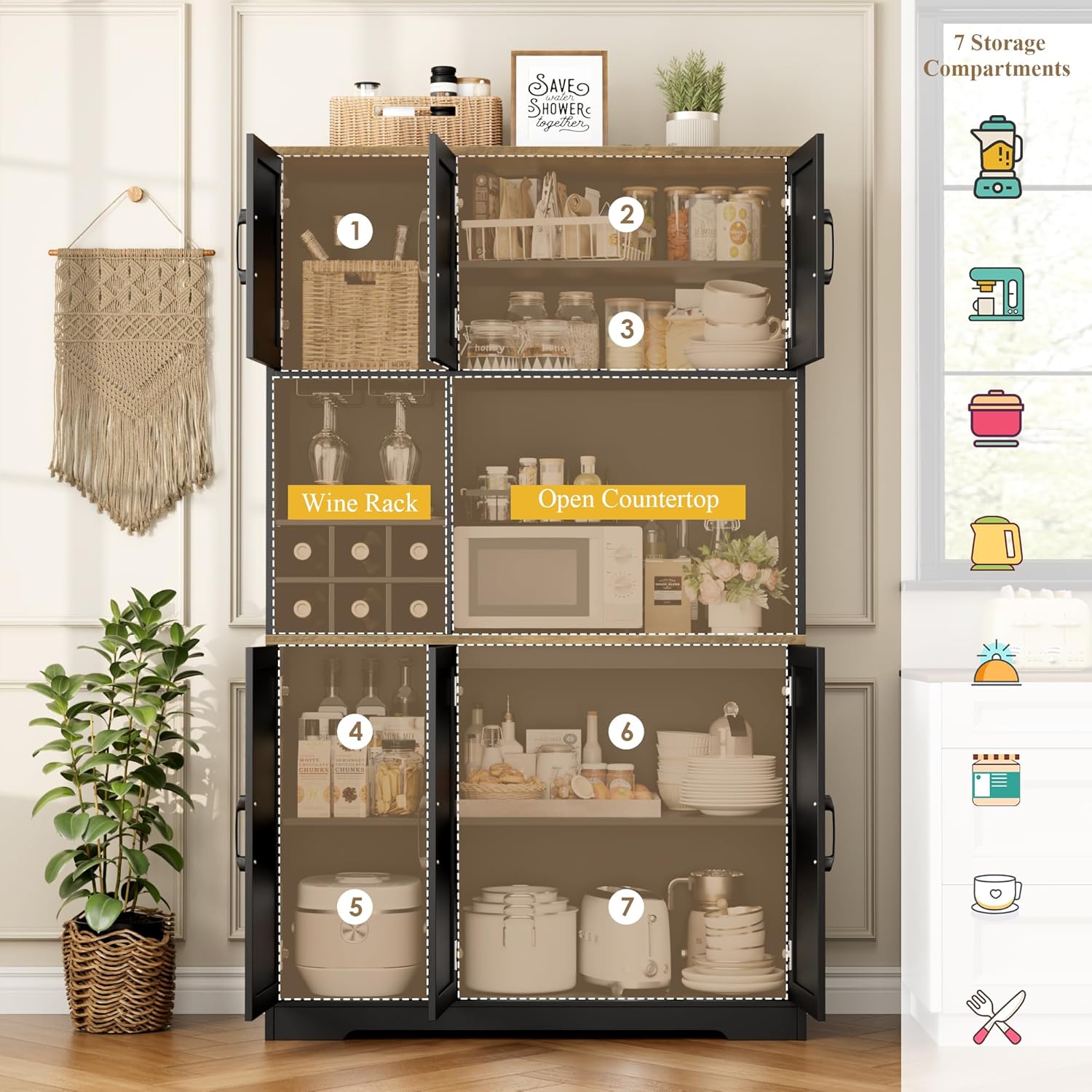 HOSTACK Kitchen Pantry Storage Cabinet, 71" Tall Food Pantry Cabinet with Microwave Stand, Farmhouse Kitchen Hutch, Coffee Bar Hutch with Wine Rack for Dining Room, Living Room, Black