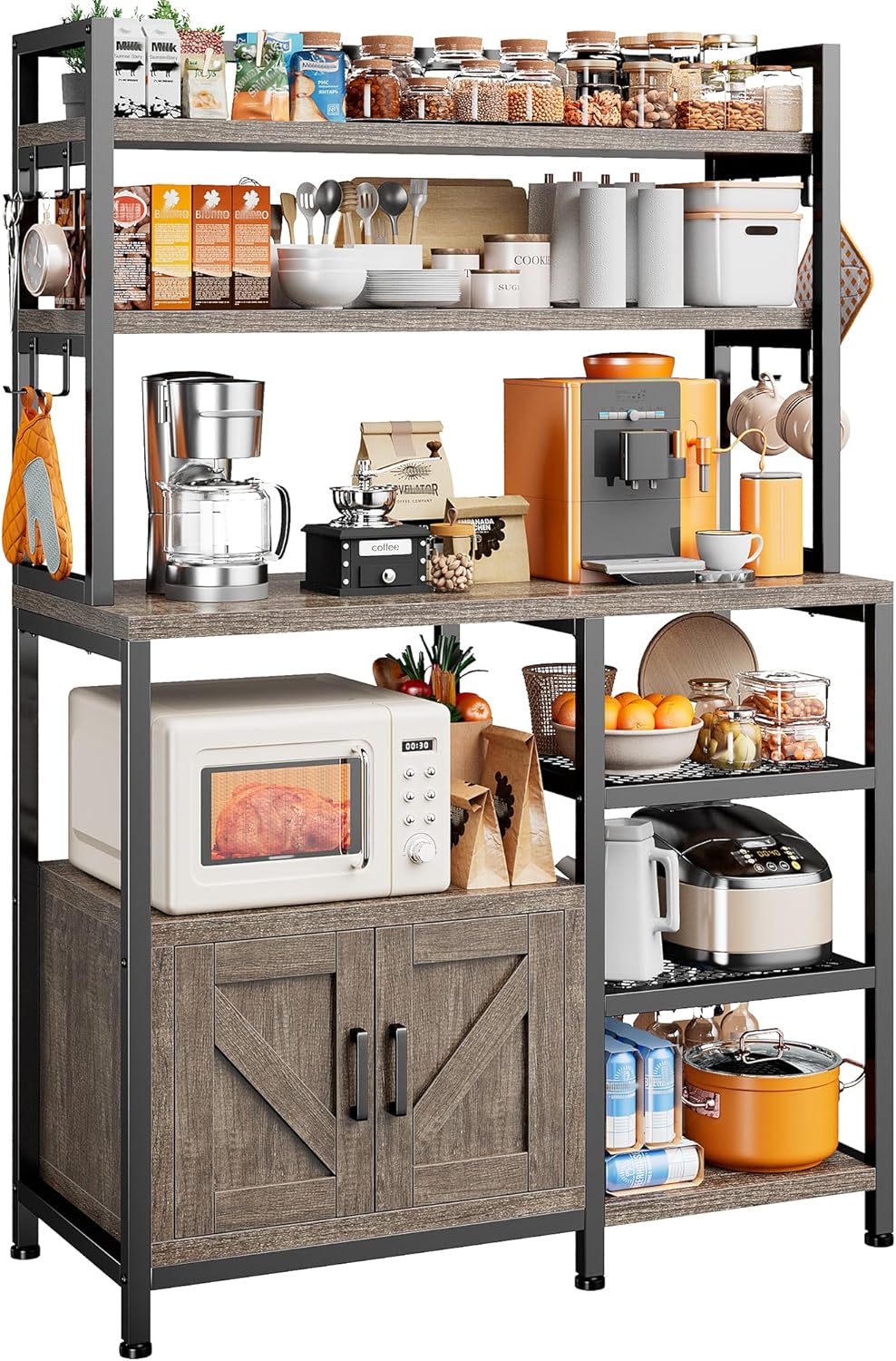 EnHomee Bakers Rack, 6 Tier Microwave Stand, Coffee Bar Organizer with 8 L-Shaped Hooks, Kitchen Shelves with Large Capacity Storage, 14.1 x 30.1 x 63.1 Inches, Black Oak