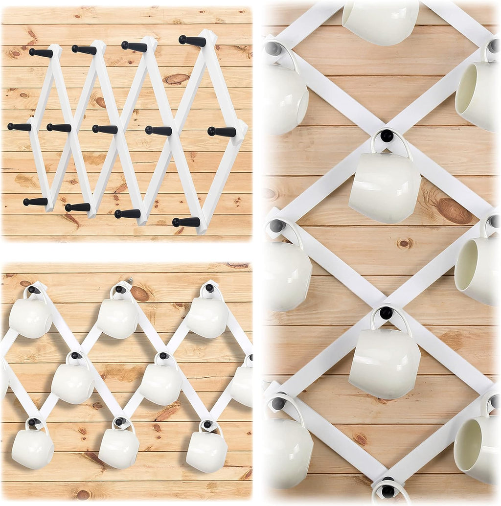Dseap Accordian Wall Hanger: 16” High Wooden Wall Expandable Coat Rack, Hat Rack Holder, Accordion Hook for Baseball Caps, Coats, Mugs, 13 Peg Hooks, White & Black