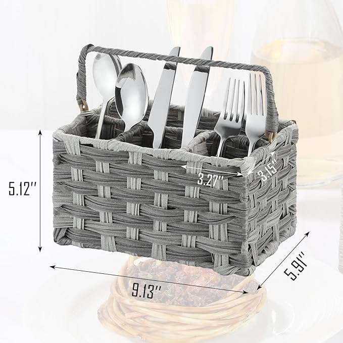 Silverware Holder for Party Plastic Utensil Holder Wicker Silverware Caddy Cutlery Holder with Handle Spoon and Fork Organizer Dark Gray Utensil Caddy for Kitchen Counter