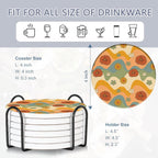 Table Coaster for Drinks Set of 6, Retro 70s Colorful Groovy Round Ceramic Coasters,with Cork Base and Metal Holder,Great Housewarming Birthday Gifts,Home Decor