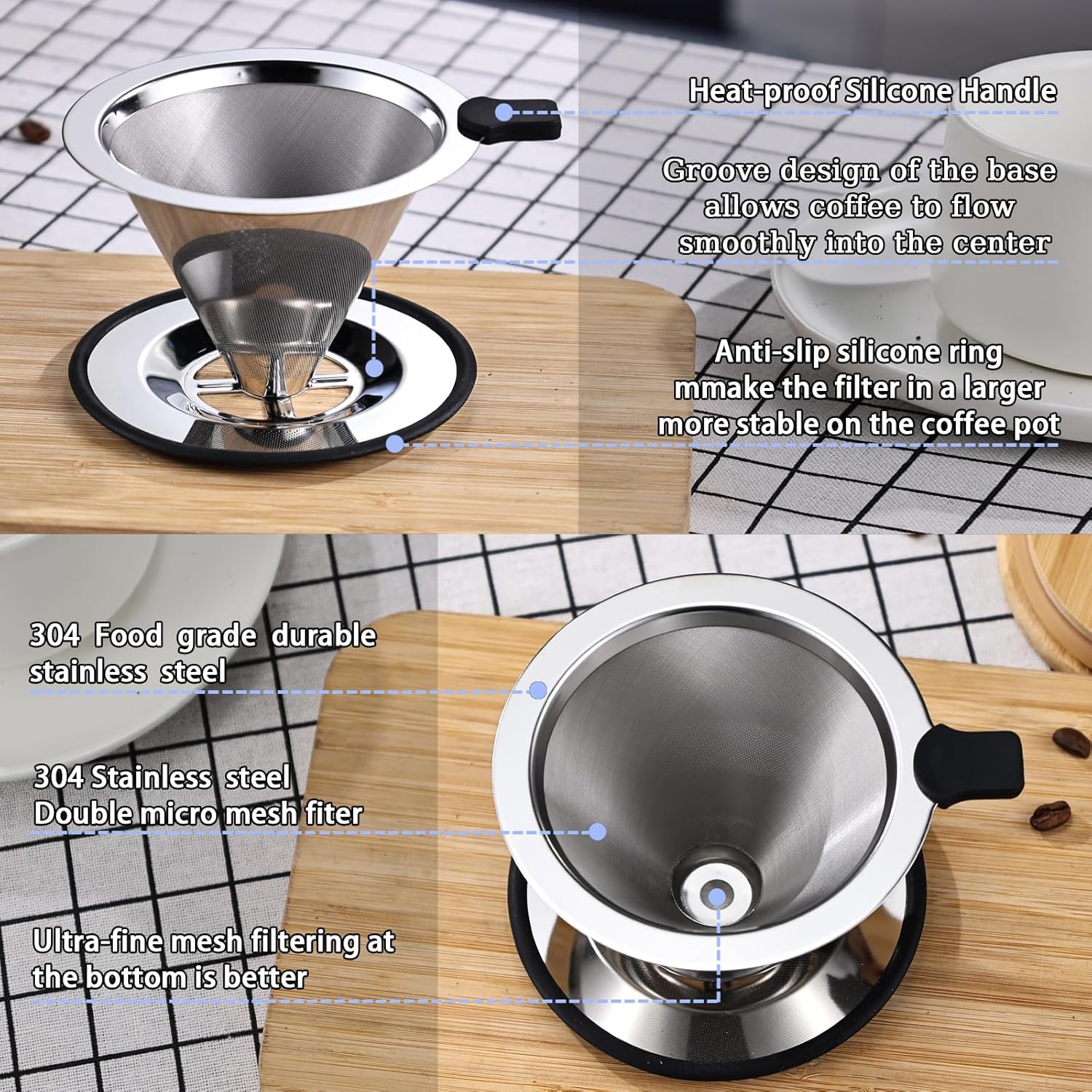 Small Size Pour Over Coffee Dripper, Stainless Steel Metal Cone Drip Coffee Filter, Paperless and Permanently Reusable, Double Mesh Coffee,TeaFilter for 1-2 Cups