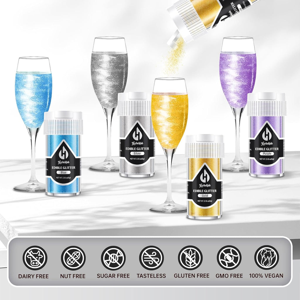 Edible Glitter for Cocktails - 12 Colors Herbeklab Luster Dust Edible Drink Glitter Food Grade Metallic Shimmer Powder Cake Sprinkles for Beverage Chocolate Candy, 5g/Bottle