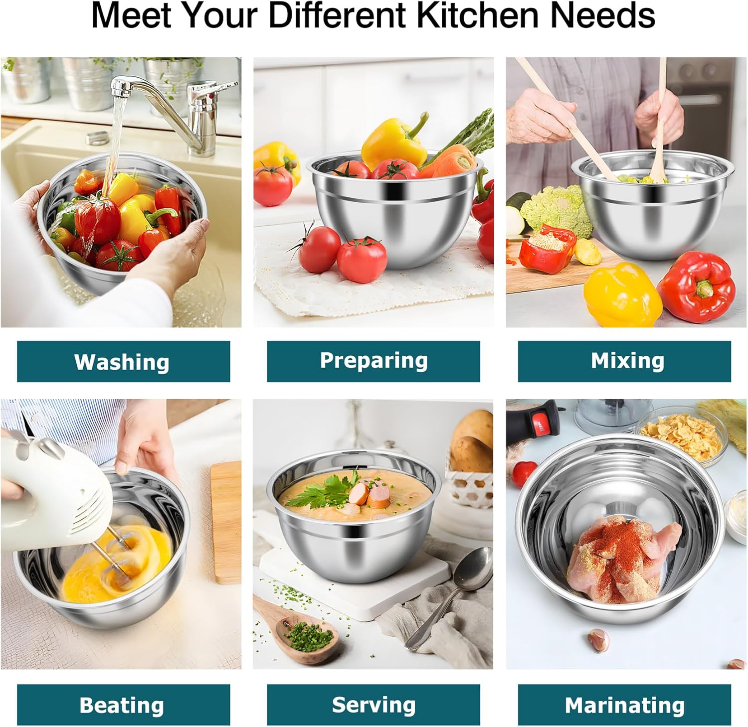 TeamFar Mixing Bowls, Stainless Steel Nesting Salad Bowls with Airtight Lids Set, For Serving/Mixing/Storing, Healthy & Heavy-duty, Dishwasher Safe & Easy Clean, 4.6/3 / 1.5 QT, Navy Blue