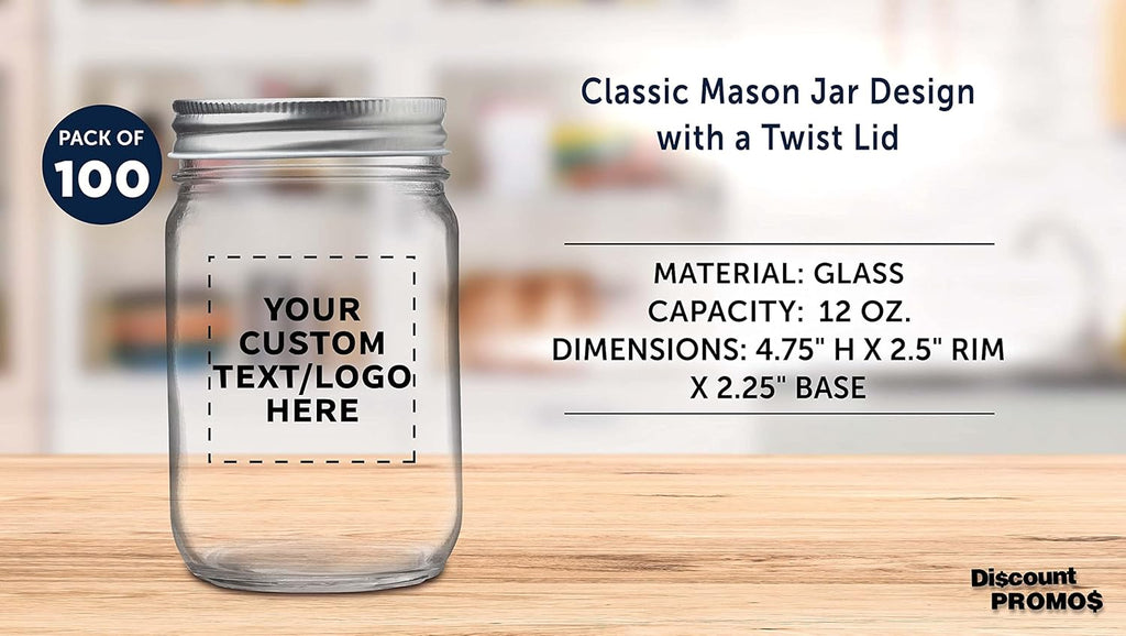 DISCOUNT PROMOS 100 Decorating Mason Jars Set, 12 oz. - Customizable Text, Logo - Canning, Aluminum Lid - Clear