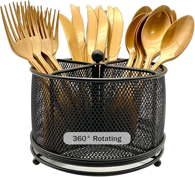 360° Rotating Metal Utensil Caddy - 4 Compartment Silverware Cutlery Holder Rotation Fork Spoon Napkin Organizer Flatware Storage Basket Party Countertop Buffet Picnic Camping Outdoor Black