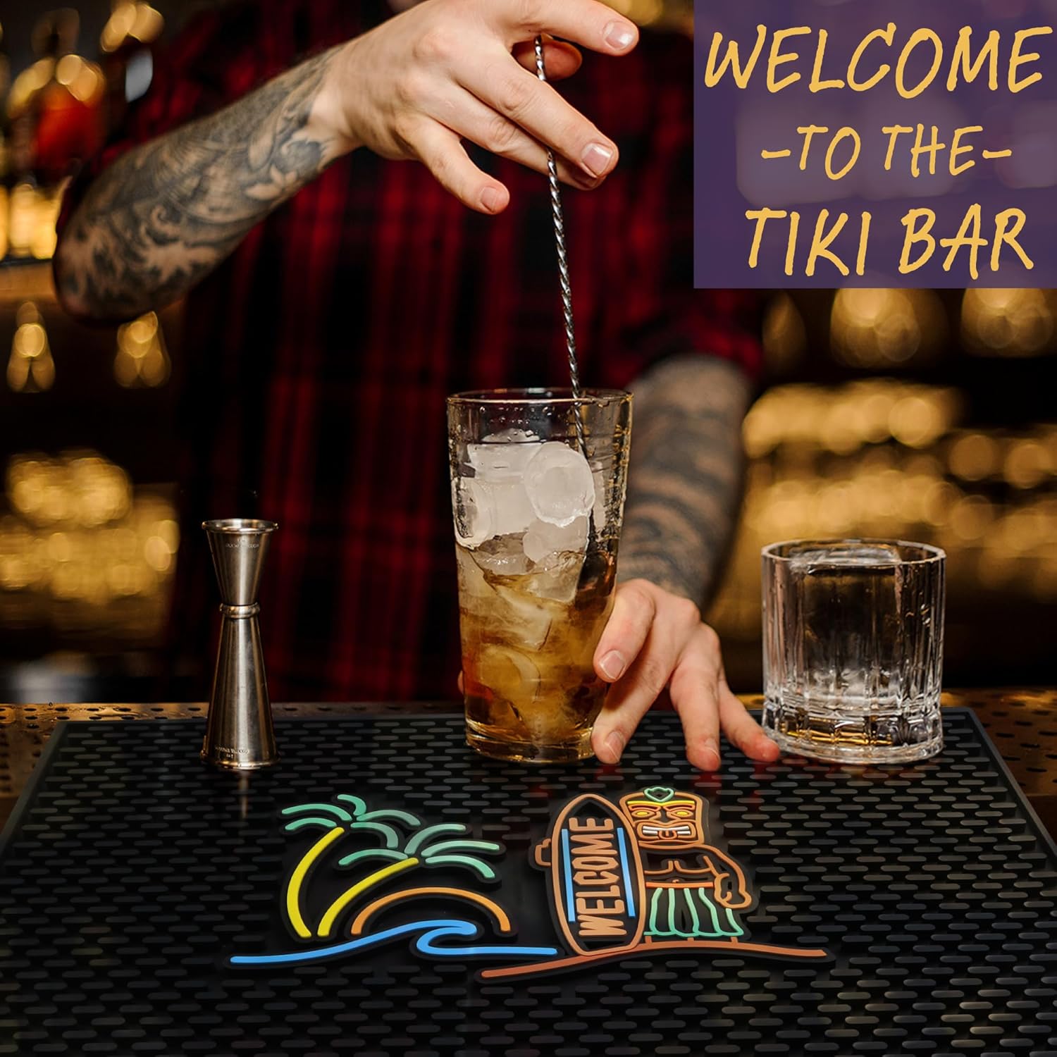 Tiki Bar Mats for Countertop 18 x 12 Tiki Bar Decor Mat Unique Tiki Man Warrior Design with Surfboard Welcome Greeting Tiki Decor, Outdoor Tiki Bar Sign and Luau Party Decorations