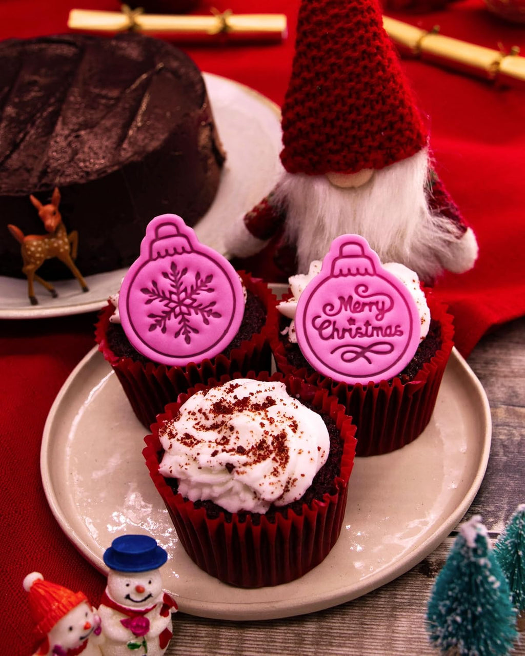 BAKERLOGY Winter Wishes – Mini Christmas Bauble Cookie Cutter and Stamp Set (2") – Set of 2 with Snowflake & Merry Christmas Designs for Festive Baking and Edible Crafts